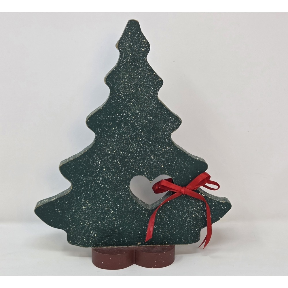 Handmade Wood Christmas Tree Decor Heart‎ Cutout Red Bow Country Primitive 11"
